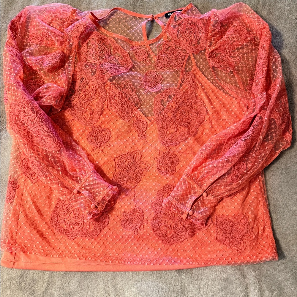 Express Coral Lace Sheer Long-Sleeve Blouse